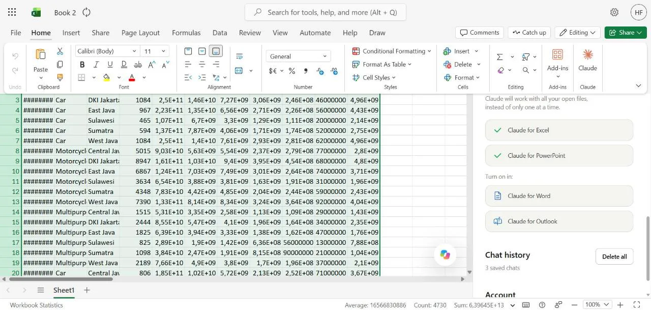 Claude add-in Settings in Excel with "Let Claude work across files" switched on and Claude for Excel and Claude for PowerPoint listed as connected