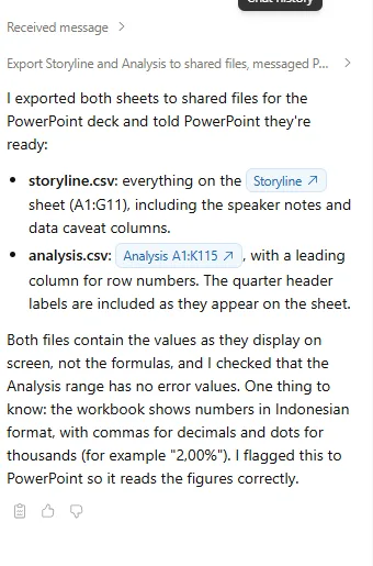Claude in Excel reporting that it exported the Storyline and Analysis sheets for PowerPoint and flagged the Indonesian number format