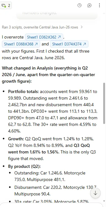 Claude in Excel listing what changed after the re-extract: Q2 accounts, outstanding, disbursements, DPD balances and the 30+ rate, plus Q3 quarter-on-quarter growth