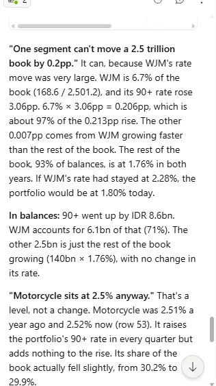 Claude in PowerPoint answering the sceptical board member: the segment's share of the book times its rate increase explains about 97% of the portfolio's rise