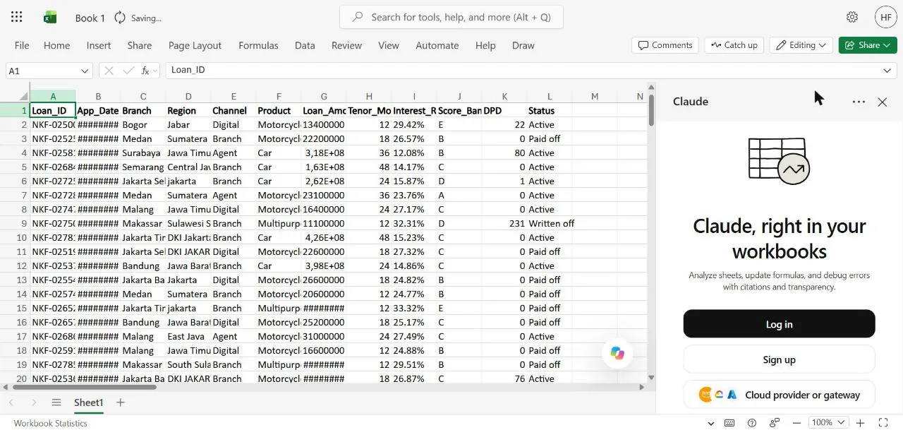 The Claude add-in sidebar in Excel on the web, asking the user to log in, next to the raw loan export