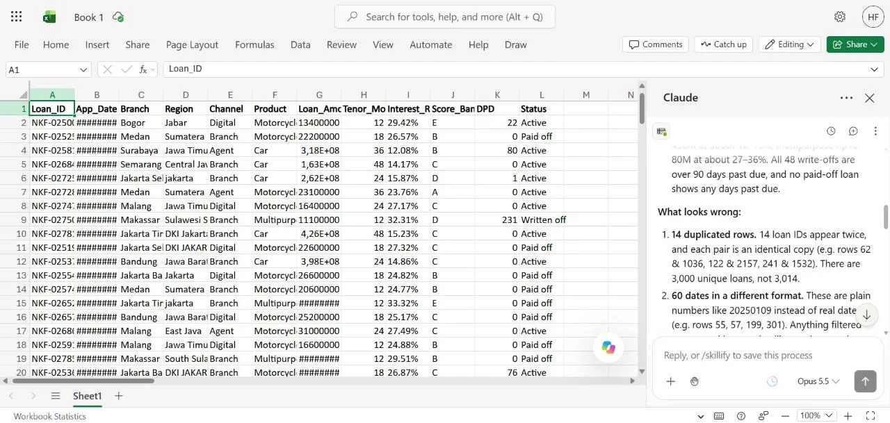 Claude's answer listing what looks wrong with the export: 14 duplicated rows and 60 dates stored as numbers, with example rows