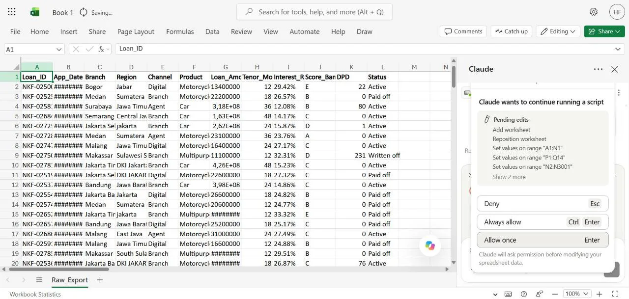 A Permission required card in the Claude sidebar listing pending edits such as adding a worksheet and setting values on ranges