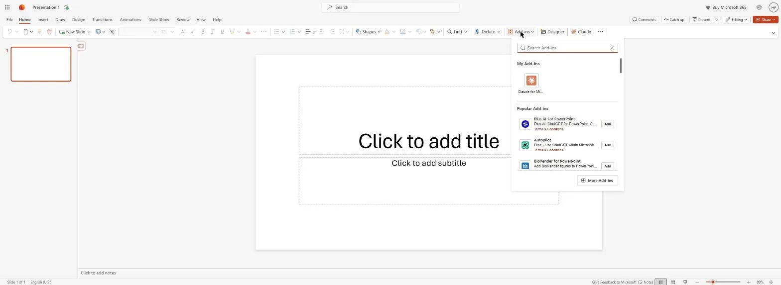 The Claude for Microsoft 365 add-in listed in PowerPoint's Add-ins menu