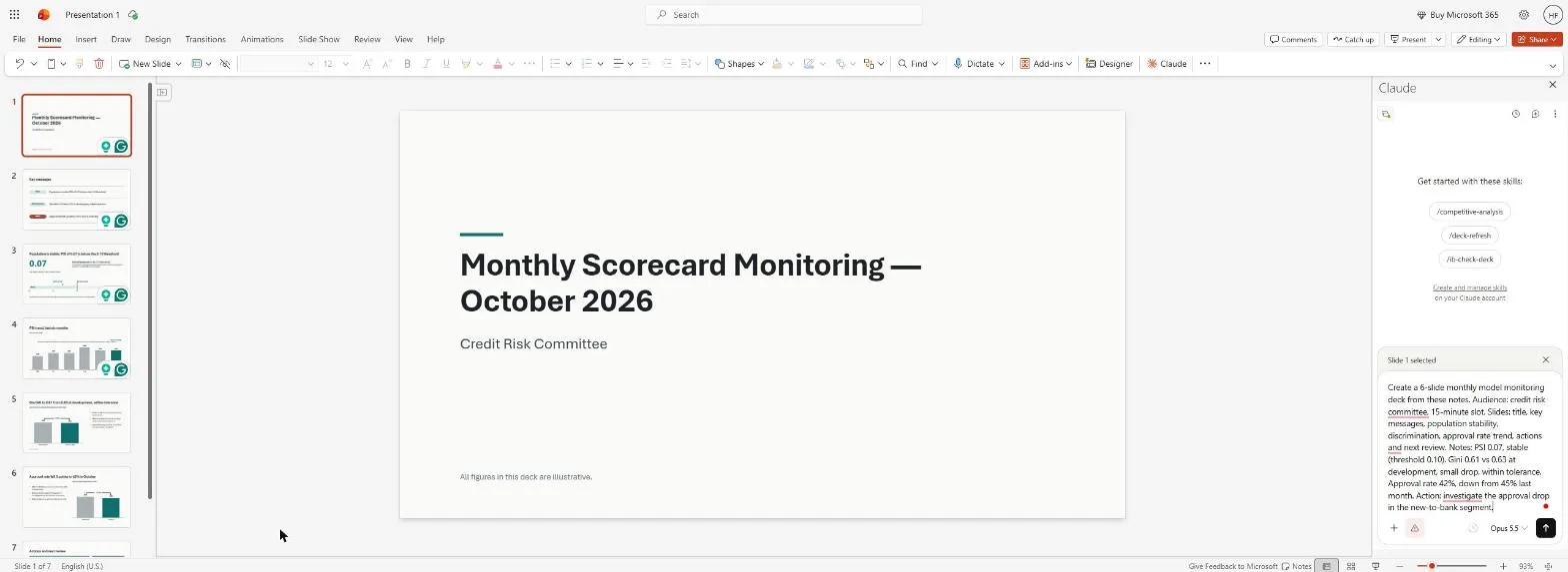 The first-draft prompt typed in the Claude sidebar, restaged over the finished deck for this screenshot