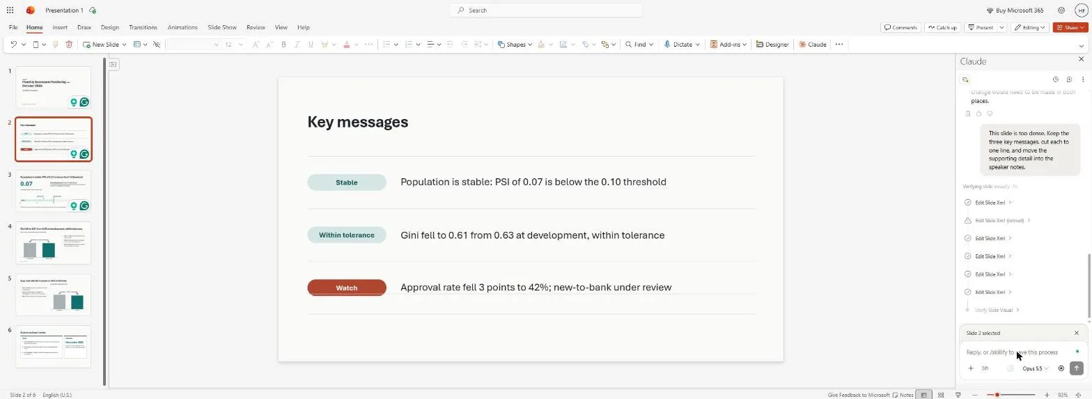 Editing a single selected slide from the Claude sidebar