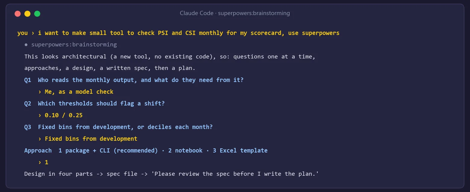 Claude Code brainstorming: the tool classified as architectural, three questions with the answers chosen, and the approach selected