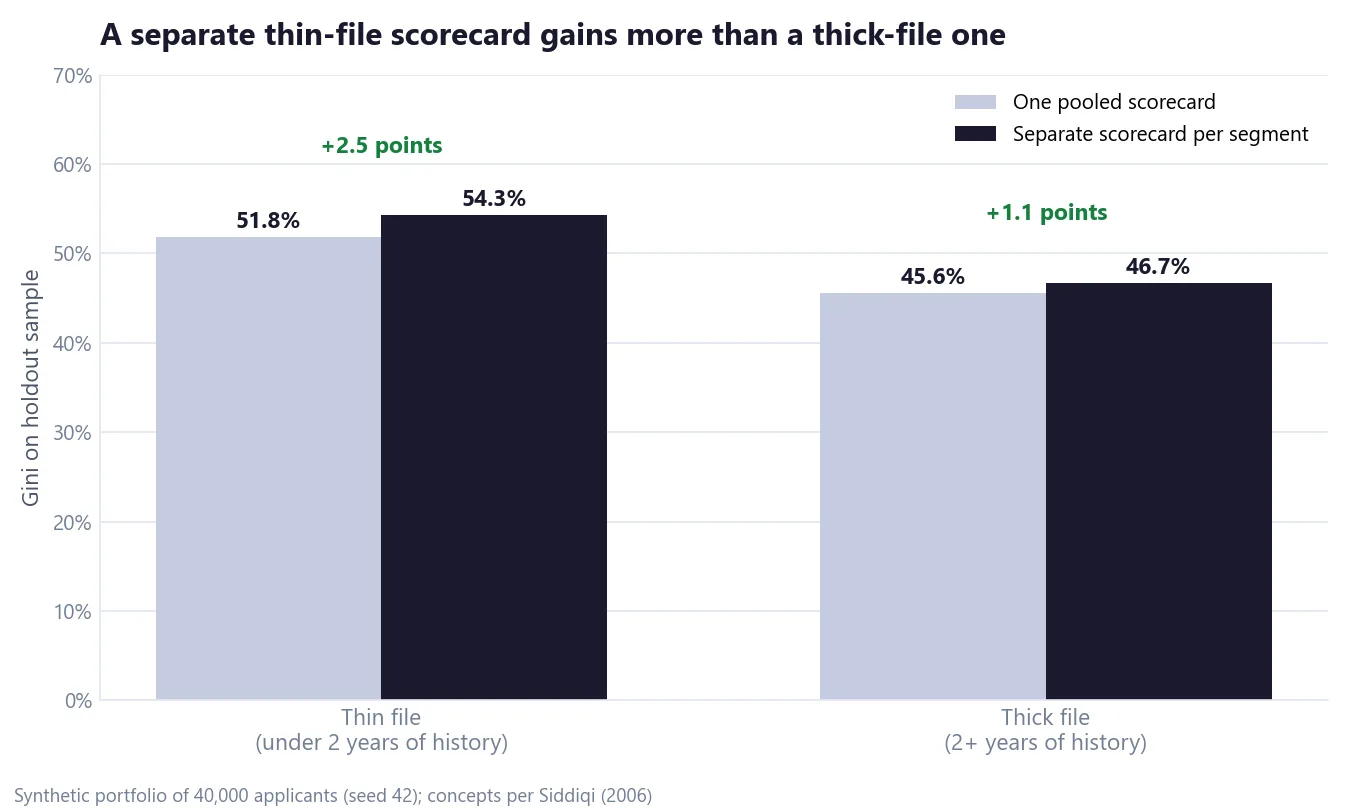 Grouped bar chart comparing Gini for one pooled scorecard and separate scorecards: thin file rises from 51.8 to 54.3 percent, thick file from 45.6 to 46.7 percent
